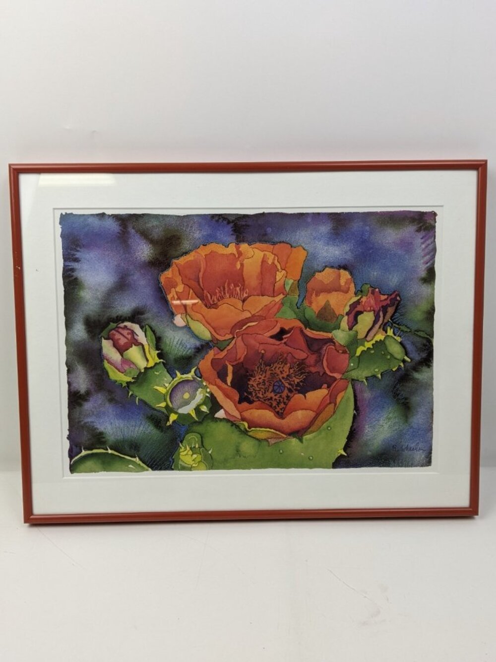 R. Wheeler Framed Art Print Cactus w/ Flowers 14" x 18" Prickly Pear Southwest